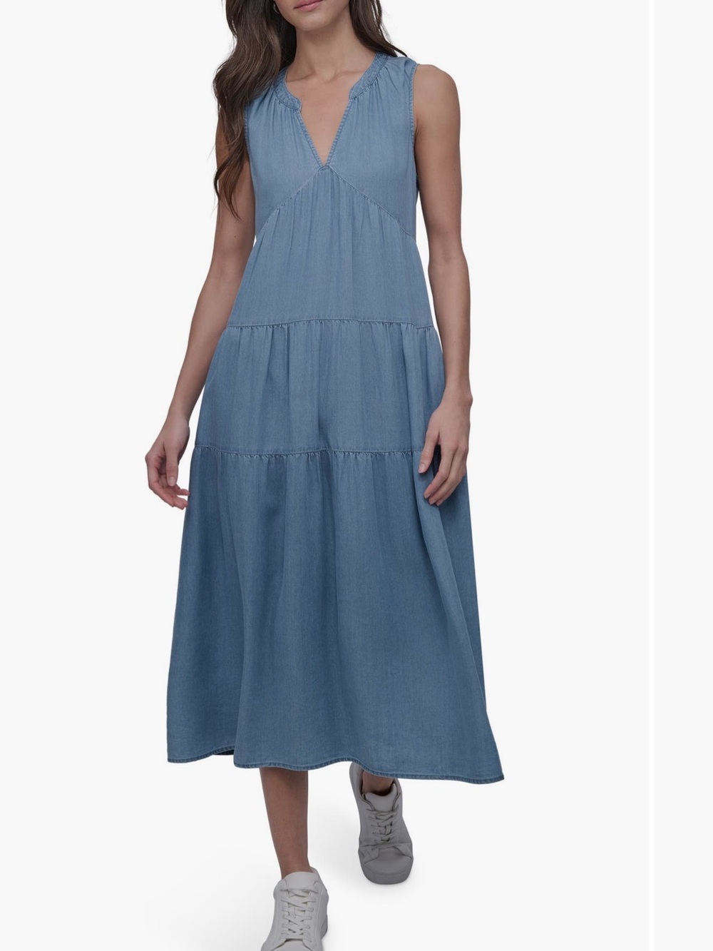 Dkny Chambray Blue Tiered Midi Dress